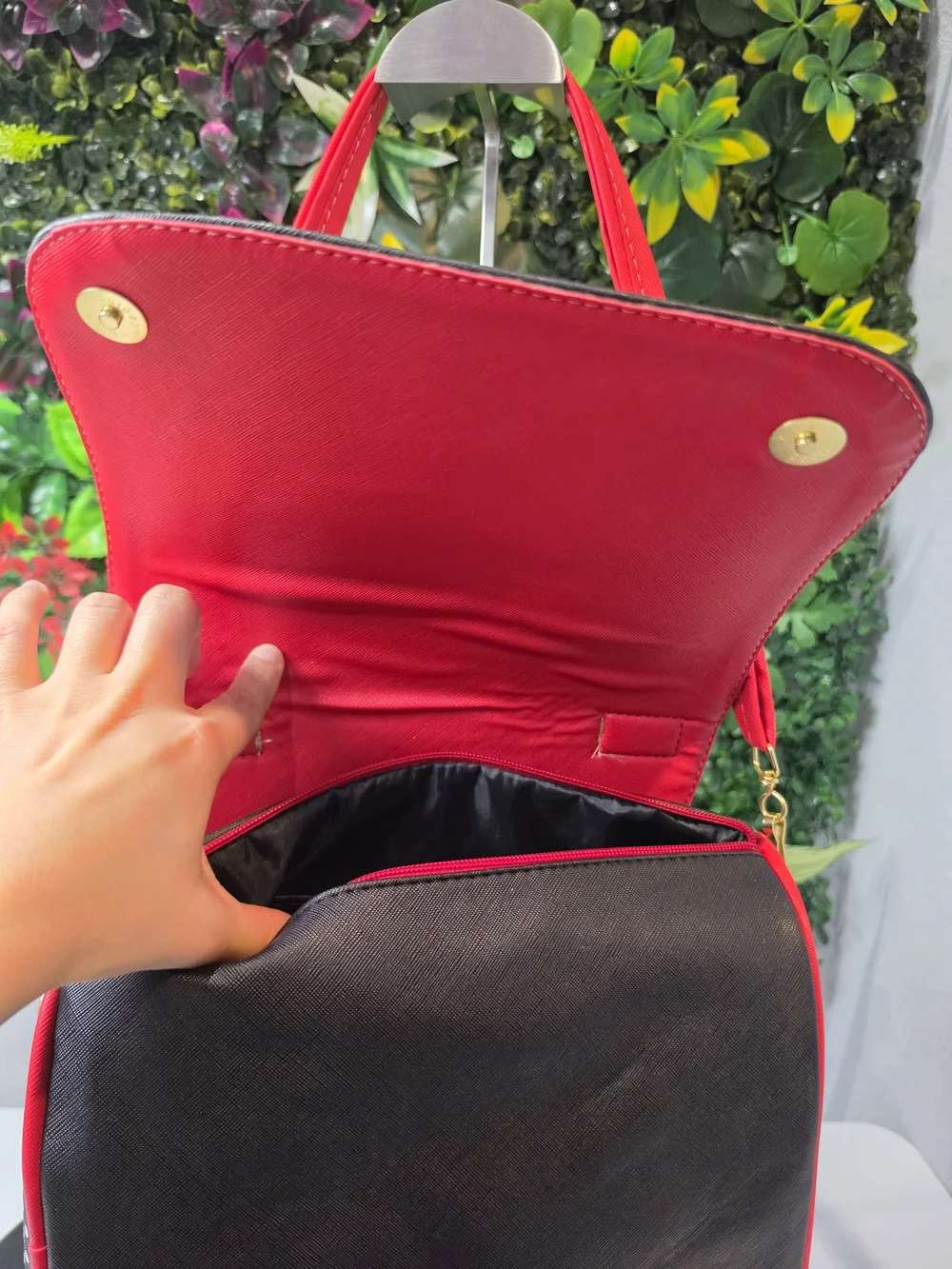 Black and Red Women's Satchel with Graphic Face Detail